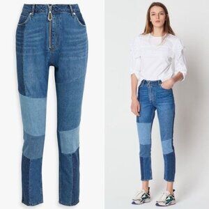 Sandro Hani Patchwork Jeans 36 Blue Vintage 4 Slim Leg High Rise Zip Fly Cropped
